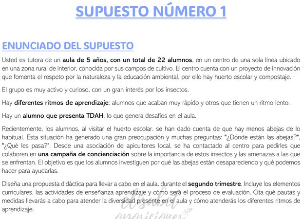 Enunciado de un supuesto resuelto de un aula de 5 años de Infantil sobre un huerto escolar y las abejas