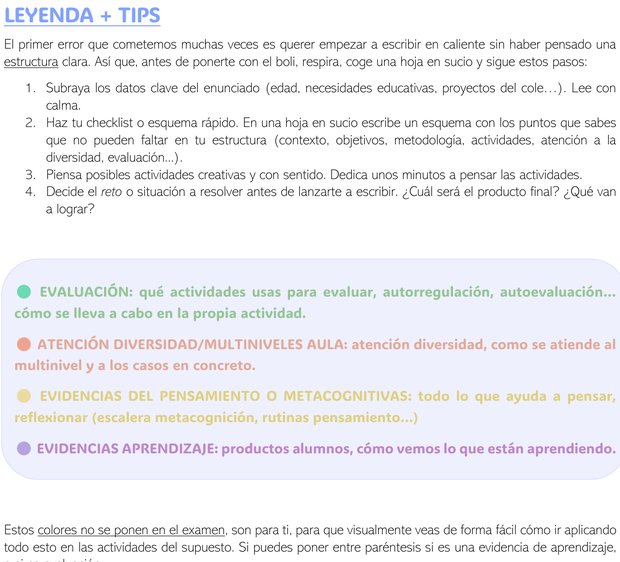 Página del guion del curso: leyenda de colores y tips para empezar el supuesto