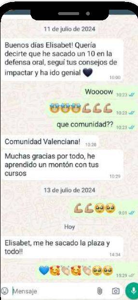Mensaje de Mireia (Comunidad Valenciana) con su nota: 10 y con plaza