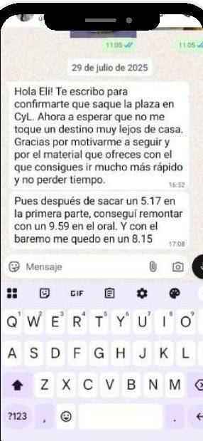 Mensaje de Marta (Castilla y León) con su nota: 9,59 y 8,15 media y sacó plaza